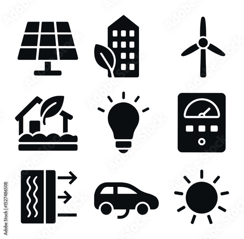 Sustainable Architecture Icons. Solid, filled icons set of sustainable architecture for net-zero: solar panel,