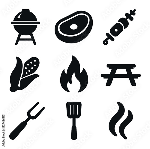 Summer BBQ Icons. Solid, filled icons set of summer barbecue and grilling: grill icon, steak icon, vegetable