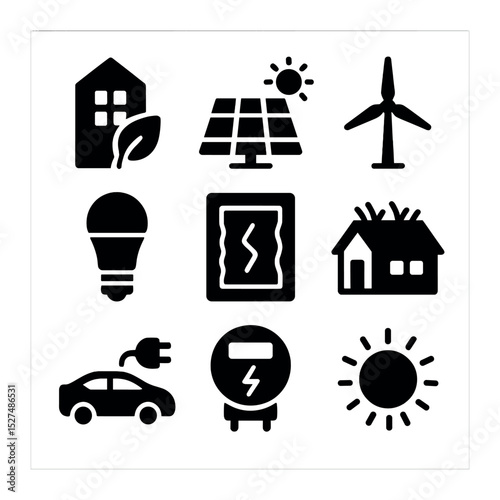 Energy Solution Icons. Solid, filled icons set of energy-positive building solutions: green building, solar