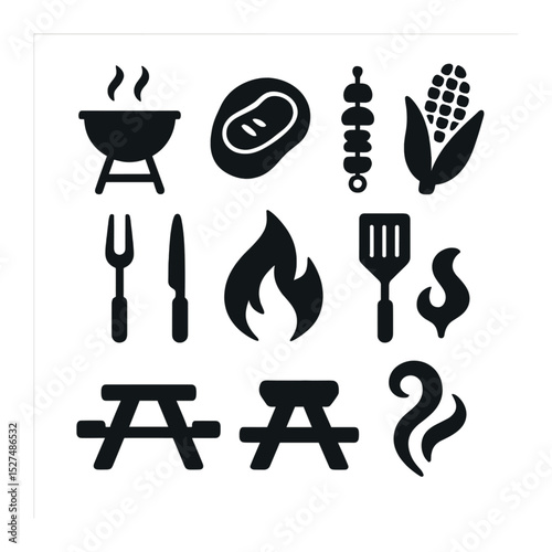 Backyard BBQ Icons. Solid, filled icons set of backyard barbecue parties: grill icon, steak icon, veggie