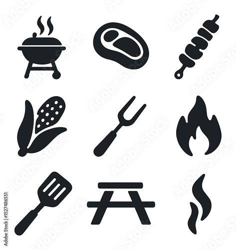 Summer Grill Icons. Solid, filled icons set of summer grill-out vibes: grill icon, steak icon, veggie skewer,