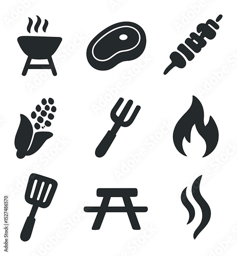 Open-Air BBQ Icons. Solid, filled icons set of open-air barbecue events: grill icon, steak icon, vegetable