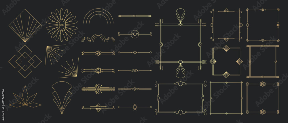 Collection of geometric art deco ornament. Luxury golden decorative elements with different lines, frames, headers, dividers and borders. Set of elegant design suitable for card, invitation, poster.