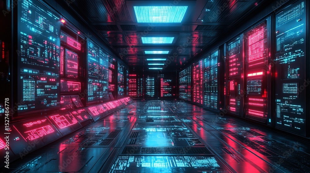 Obraz premium A high-tech control center filled with glowing cables transmitting encrypted data