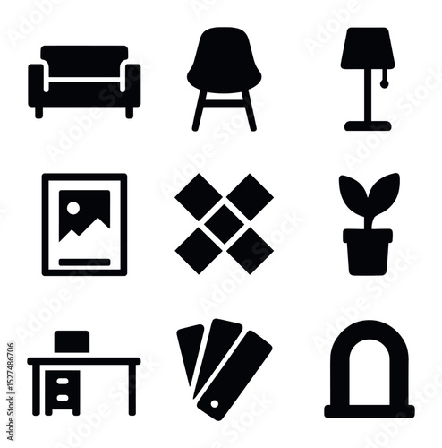 Modern Interior Design Icons. Solid, filled icons set of sleek interior design trends: minimalist furniture,