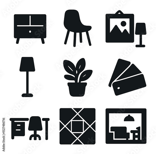 Inspiring Interior Design Icons. Solid, filled icons set of inspiring interior design styles: minimalist