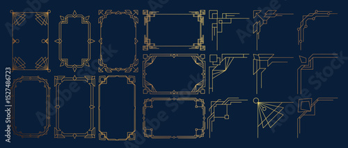 Collection of geometric art deco ornament. Luxury golden decorative elements with different lines, frames, headers, dividers and borders. Set of elegant design suitable for card, invitation, poster.