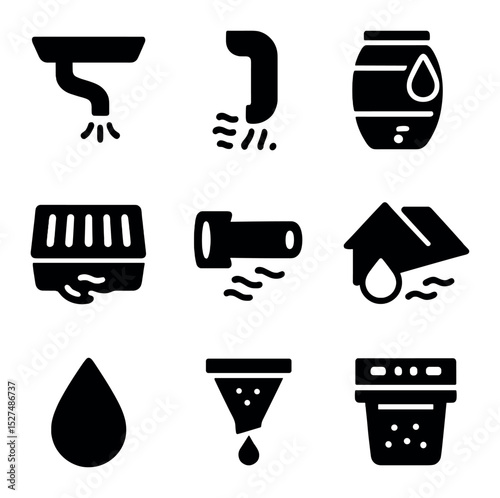 Water Drainage Icon Set. Solid, filled icons set of water drainage solutions: gutter icon, downspout, rain