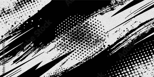 black and white brush strokes and halftone dot patterns in diagonal arrangement creating a modern and artistic design white background.