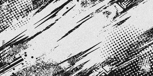 black and white brush strokes and halftone dot patterns in diagonal arrangement creating a modern and artistic design white background.