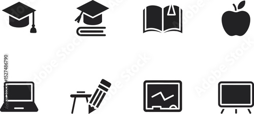 Education Icon Set: A collection of monochromatic education icons, including a graduation cap, open book, apple, laptop, and blackboard, offering a clean and modern visual language
