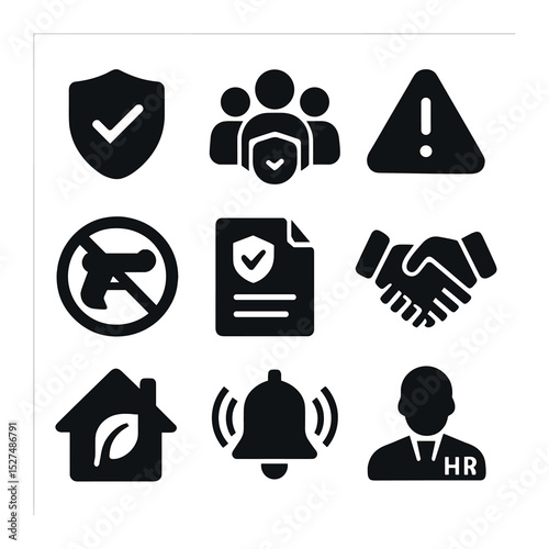 Safe Workplace Icons. Solid, filled icons set of creating a safe workplace: security shield, team support,
