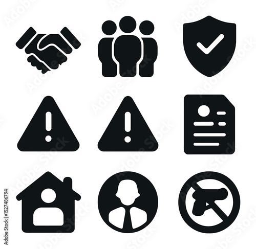 Workplace Conflict Icons. Solid, filled icons set of conflict resolution in the workplace: handshake icon,