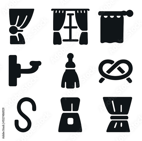 Curtain Tieback Icons. Solid, filled icons set of unique curtain tieback accents: curtain tieback icon,
