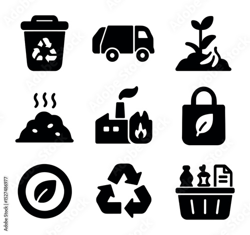 Smart City Waste Icons. Solid, filled icons set of smart city waste management: recycling bin, garbage truck,