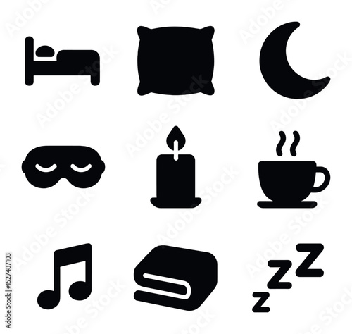 Serene Bedtime Icons. Solid, filled icons set of serene bedtime atmosphere: bed icon, pillow icon, moon icon,
