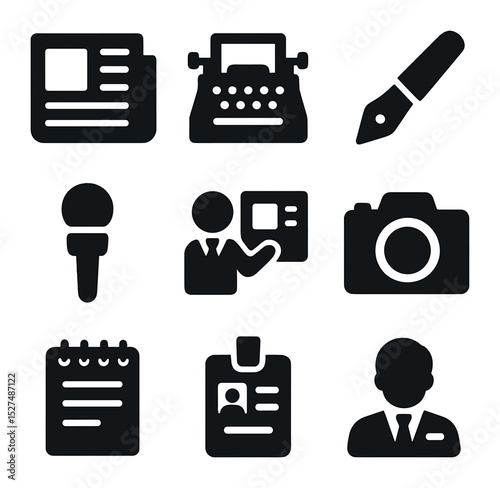 Journalism Icon Set. Solid, filled icons set of reporting and writing stories: newspaper icon, typewriter, pen