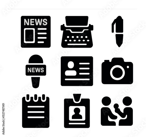 Journalist Tools Icons. Solid, filled icons set of journalist work essentials: newspaper icon, typewriter, pen