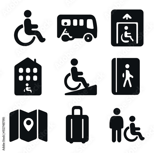 Inclusive Travel Icons. Solid, filled icons set of inclusive travel design: wheelchair icon, accessible bus,
