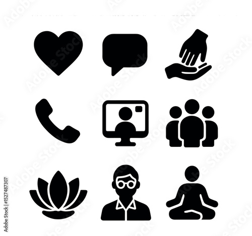 Emotional Support Icons. Solid, filled icons set of emotional support resources: heart icon, talk bubble,