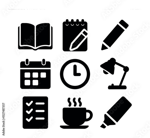 Study Session Icons. Solid, filled icons set of effective study sessions: open book, notepad, pencil icon,