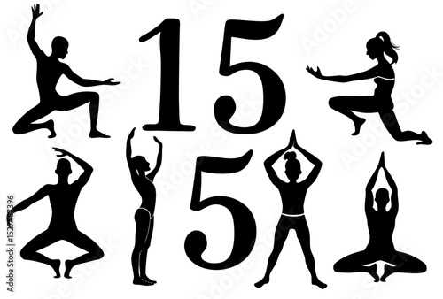 Fifteen yoga poses silhouettes illustration