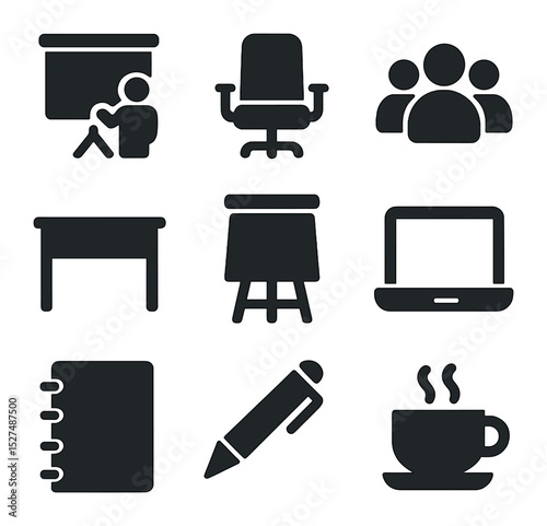 Training Icons Grid. Solid, filled icons set of staff training event: presentation screen, office chair, group