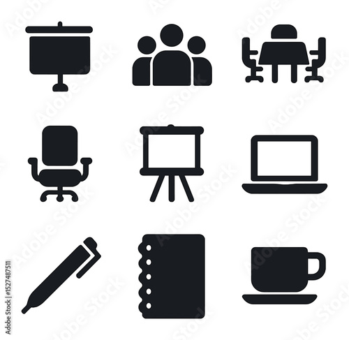 Workplace Training Icons. Solid, filled icons set of workplace training session: projector screen, group of
