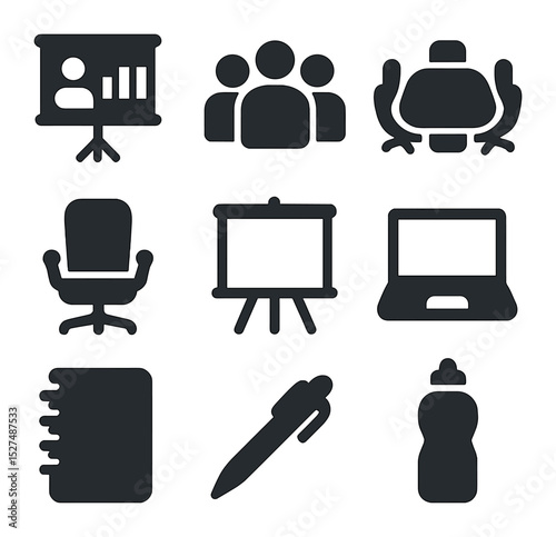Development Program Icons. Solid, filled icons set of employee development program: presentation screen, group