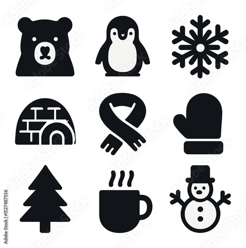 Winter Icons Grid. Solid, filled icons set of winter animal celebration: polar bear, penguin icon, snowflake,