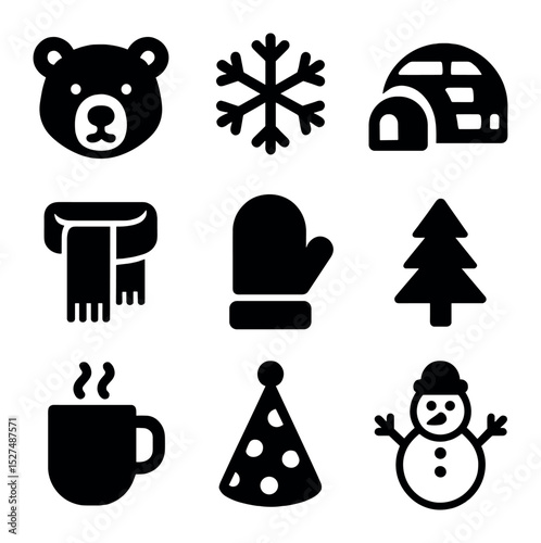 Winter Party Icons. Solid, filled icons set of winter animal-themed party fun: polar bear icon, snowflake,