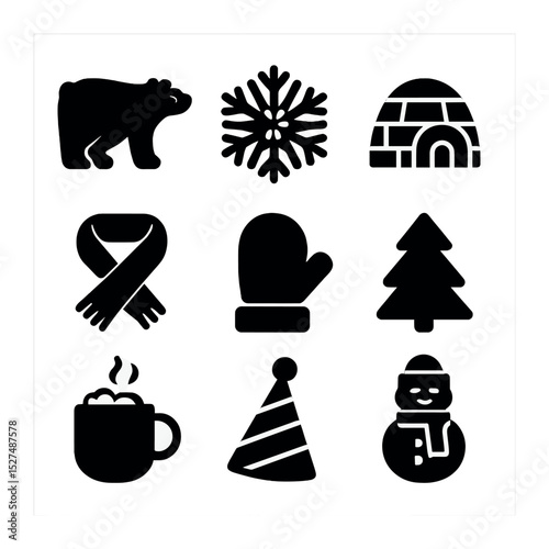Winter Festivity Icons. Solid, filled icons set of wintery animal festivities: polar bear, snowflake icon,