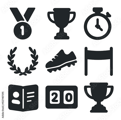 Athletic Icons Set. Solid, filled icons set of athletic excellence: gold medal, trophy, stopwatch, laurel
