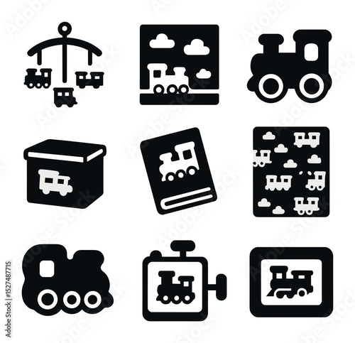 Train-Themed Nursery Icons. Solid, filled icons set of train-themed nursery items: crib mobile with trains,