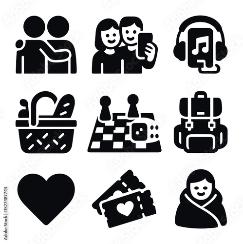 Friendship Icon Set. Solid, filled icons set of friendship bonding moments: hugging friends, selfie moment,