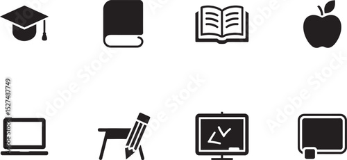 Education Icons Set: A collection of simple yet effective black icons representing key elements of education, including graduation cap, book, apple, laptop, desk, pencil, and interactive whiteboard.