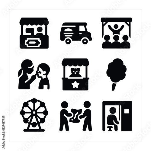 Festival Icon Grid. Solid, filled icons set of festival and fair interactions: ticket booth, food truck, stage