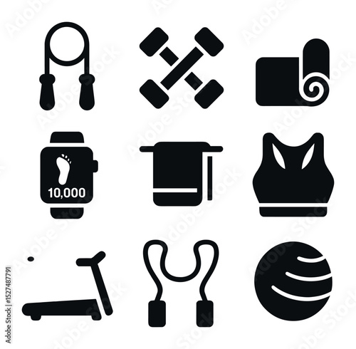 Fitness Routine Icons. Solid, filled icons set of daily fitness routines: jump rope, dumbbells, stretching mat