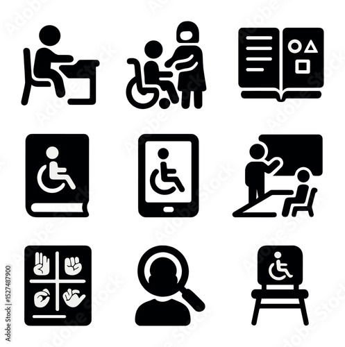Disability Education Icons. Solid, filled icons set of disability education and learning: special needs desk,
