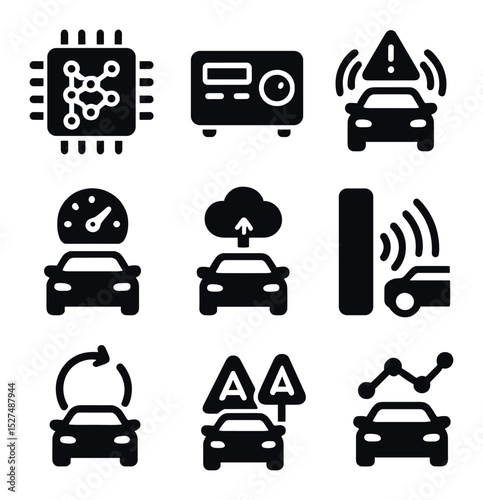 Autonomous Tech Icons. Solid, filled icons set of autonomous vehicle technology: neural network chip, control