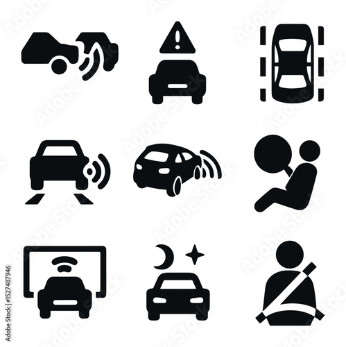 Vehicle Safety Icons. Solid, filled icons set of vehicle safety automation: collision warning, emergency brake