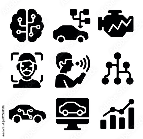 AI Automotive Icons. Solid, filled icons set of AI in automotive: machine learning brain, data flow,