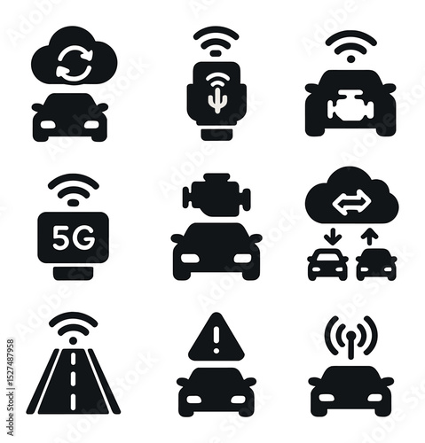 Connected Vehicle Icons. Solid, filled icons set of connected vehicle infrastructure: cloud sync, IoT car