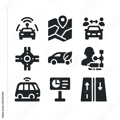 Smart City Mobility Icons. Solid, filled icons set of smart city mobility: vehicle-to-everything icon, city