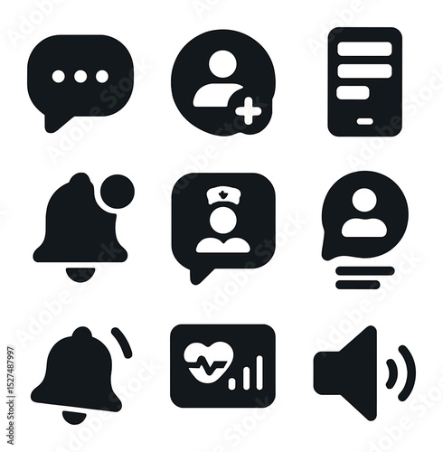 Caregiving Icon Set. Solid, filled icons set of caregiving communication tools: message bubble, emergency