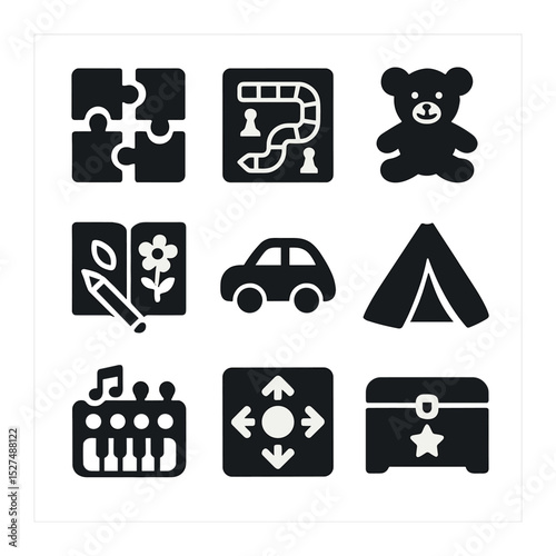 Indoor Play Icons. Solid, filled icons set of indoor play and shared games: puzzle pieces, board game, stuffed