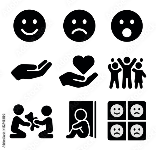 Playful Emotional Icons. Solid, filled icons set of emotional expression in play: happy face, sad face,