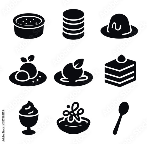 Gourmet Dessert Icons. Solid, filled icons set of gourmet desserts and sweets: crème brûlée, macaron stack,