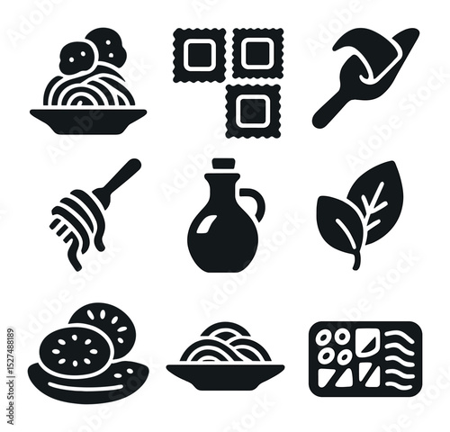 Gourmet Pasta Icons. Solid, filled icons set of gourmet pasta and Italian dishes: truffle pasta, fresh ravioli