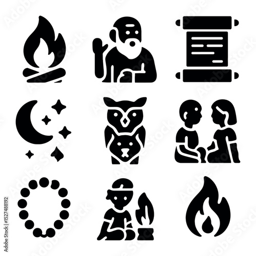 Storytelling Tradition Icons. Solid, filled icons set of storytelling traditions: open fire, talking elder,
